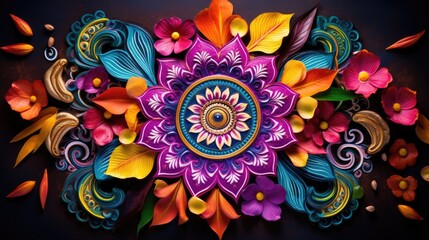 Rangoli colorful vibrant symbol of Diwali celebration background. Great indian festival of lights concept. Round Floral Ornament for greeting card design, wallpaper.