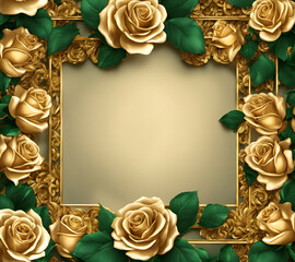 Frame with an empty space in the center decorated with abstract flowers of golden roses and their leaves
