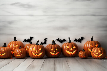Halloween pumpkins on wooden background with copy space for text