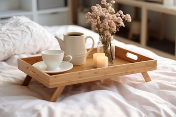 Wooden tray with coffee and interior decor on the bed with white linen. generative ai.