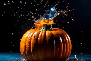 A close-up of a pumpkin with splashes of water