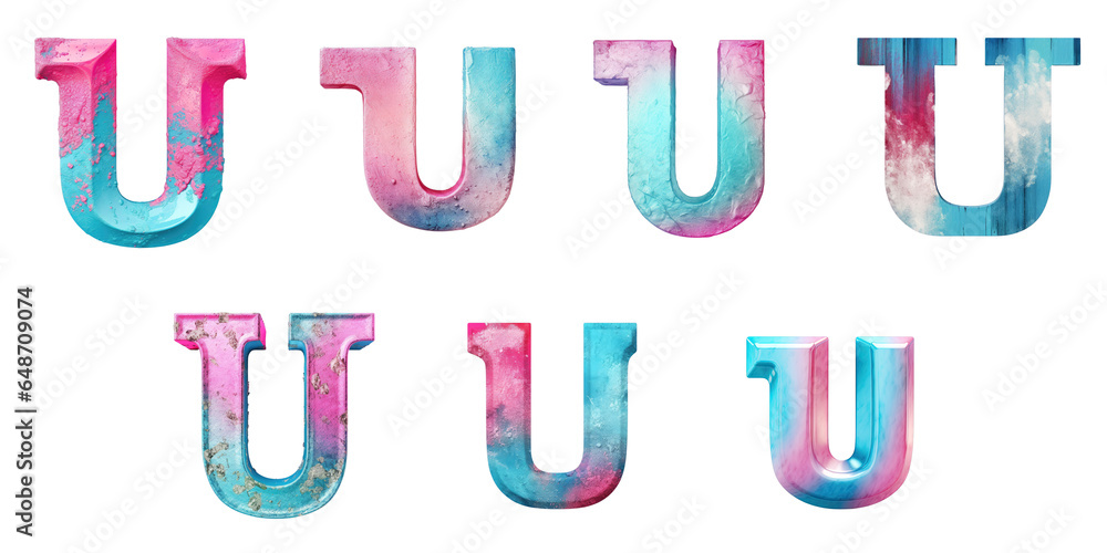 Poster png set colorful blue and pink metallic letter u with a painted color effect and rough texture in a 