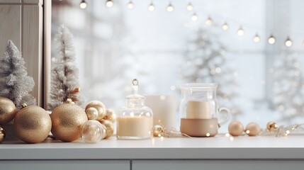 Fototapeta na wymiar Natural scandinavian Christmas kitchen with holidays decors, Happy holidays and New year 2024, Generative ai