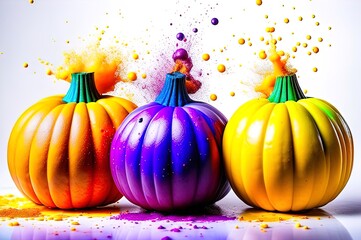 Three colourful pumpkins with colourful splashes on a light background