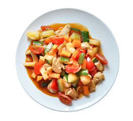 Vegetable mix in white plate top view isolated on transparent.