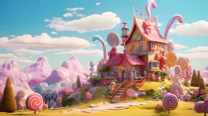 Abwaschbare Fototapete Macarons ピンクの山に囲まれたお菓子でできた家