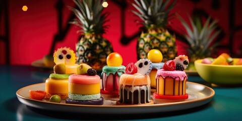 A plate topped with cakes and fruit on top of a table