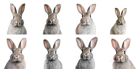 Fototapeta premium Png Set Studio photograph of a domestic gray rabbit with big ears on a light transparent background