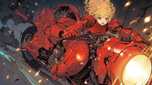 Anime woman riding a red vintage motorcycle