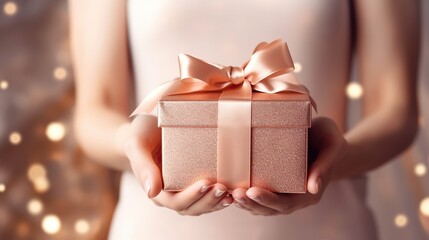 Hands holding elegant gift box, holidays, Christmas and New year 2024 concept, Generative AI