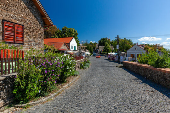 Typical historical street in Tihany village famous tourist destination