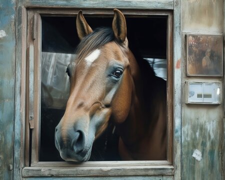 Brown Horse Peeking Through Door Window