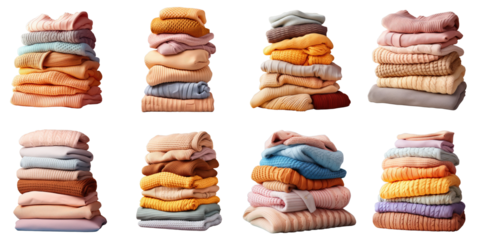 Png Set Assorted sweaters stacked and isolated on a transparent background