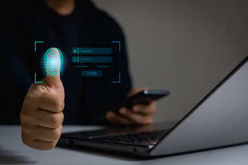 Cyber security concept. Businessman login with fingerprint scanning technology. fingerprint to identify personal. Fingerprint scan provides security access with biometrics identification.