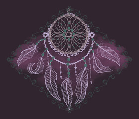 A hand drawn textured illustration with a gothic aesthetic with a dream catcher. Vintage boho art with mystical atmosphere in pink and green colors.