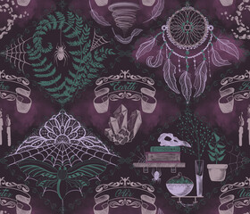 Hand drawn texture pattern with gothic aesthetic with four magical elements, dream catcher, bird skull, spiders, books, web, ferns. Vintage boho art with mystical atmosphere in pink and green colors.