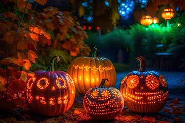 Halloween smiling glowing pumpkins 