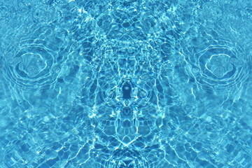 Defocus blurred transparent blue colored clear calm water surface texture with splashes reflection. Trendy abstract nature background. Water waves in sunlight with copy space. Blue watercolor shine