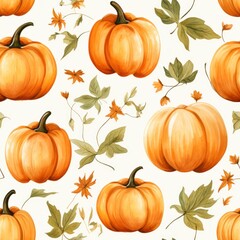 pumpkin watercolor seamless pattern for cozy autumn vibes, Generative AI