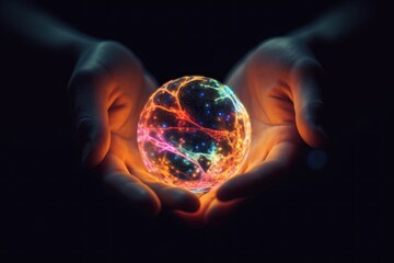 A person holding a glowing orb in their hands - obrazy, fototapety, plakaty