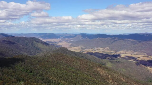 Aerial landscape view of Nowendoc river valley in mountains of Australia as 4k.

