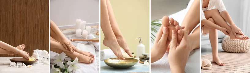 Crédence de cuisine en verre imprimé Pédicure Collage of women undergoing feet massage in spa salon