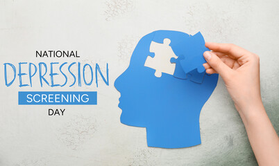 Banner for National Depression screening day with paper human head and puzzle pieces