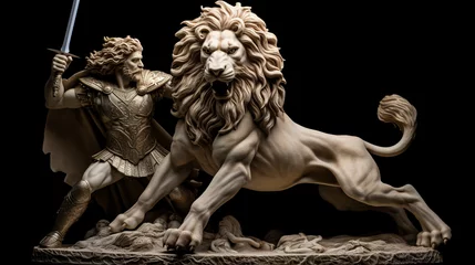 Fotobehang sculpture, statue of ancient warrior fighting bravely with a lion 2 © Blood Storm