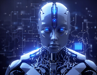 Artificial Intelligence robot side views head, AI technology smart robot, technology generates AI and AI learning background concept, Futuristic technology transformation with the chatbot 3D