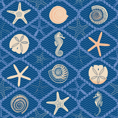 Deep blue ocean treasure motif seamless pattern print. Vector illustration. Perfect for textile, vacation themed fabric, beachwear, stationery, wallpaper, packaging, home and garden decor projects