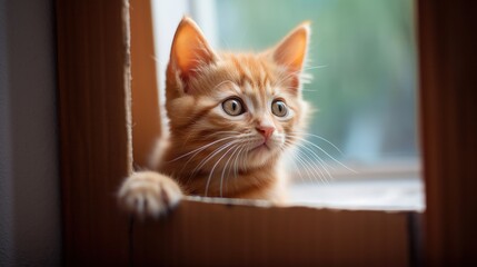 Cute ginger tabby cat in cardboard box, lovely kitten.