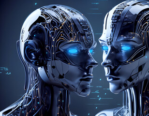 Artificial Intelligence robot side views head, AI technology smart robot, technology generates AI and AI learning background concept, Futuristic technology transformation with the chatbot 3D