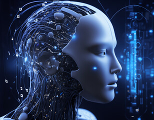 Artificial Intelligence robot side views head, AI technology smart robot, technology generates AI and AI learning background concept, Futuristic technology transformation with the chatbot 3D