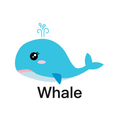 Blue whale with water fountain cute cartoon character with eyes, tail,  flat design on white background. 
