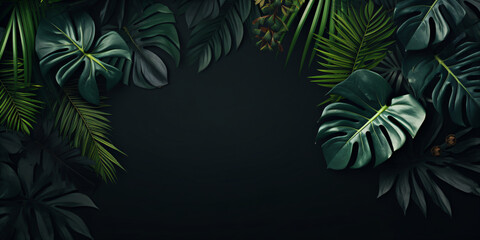 Fototapeta na wymiar Tropical background with monstera leaves on dark background.