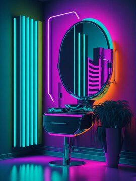 Comércio de estética com espelho redondo, luzes neon, ambiente moderno e vibrante
