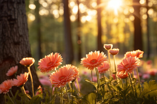 Flores Gerberas  cor de rosa no bosque - Papel de parede