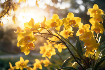 Orquídea amarela com luz do sol ao fundo vindo das árvores - Papel de parede
