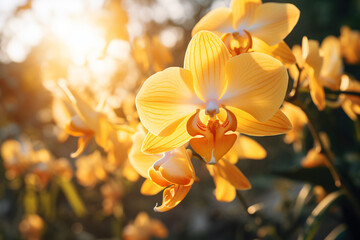 Orquídea amarela com luz do sol ao fundo vindo das árvores - Papel de parede