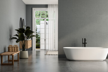 Fototapeta na wymiar Modern bathroom interior with double sink and mirror, bathtub, plants. Bathing accessories and window in hotel studio.
