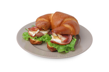 Tasty crescent roll with brie cheese, ham and bacon isolated on white