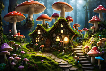 a fantasy style storybook fairytale tiny mushroom village surrounded by moss in a forest