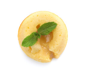 Delicious vanilla fondant with white chocolate and mint isolated on white, top view