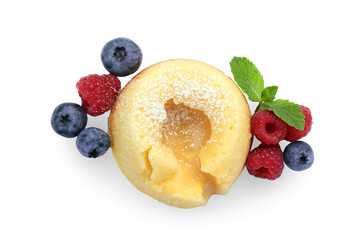Tasty vanilla fondant with white chocolate, berries and mint isolated on white, top view