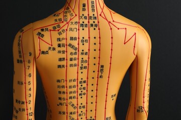 Acupuncture model. Mannequin with dots and lines on black background, back view