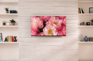 Beautiful peony flowers on TV screen in room