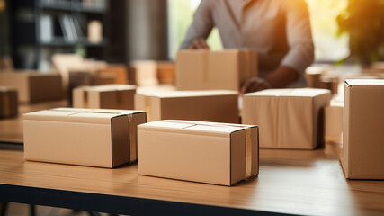 Businessman with parcel boxes in office, closeup. Delivery service