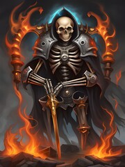 skull with fire in hand on dark background, illustration.