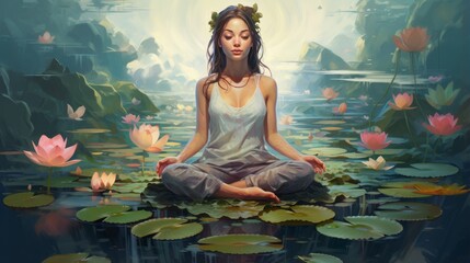 Peaceful contemplation near blooming lilies with their petals opening up as if to share the secrets of the universe. - obrazy, fototapety, plakaty