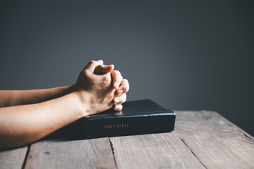 Worship christian with bible concept. Young woman person hand holding holy bible with study at...